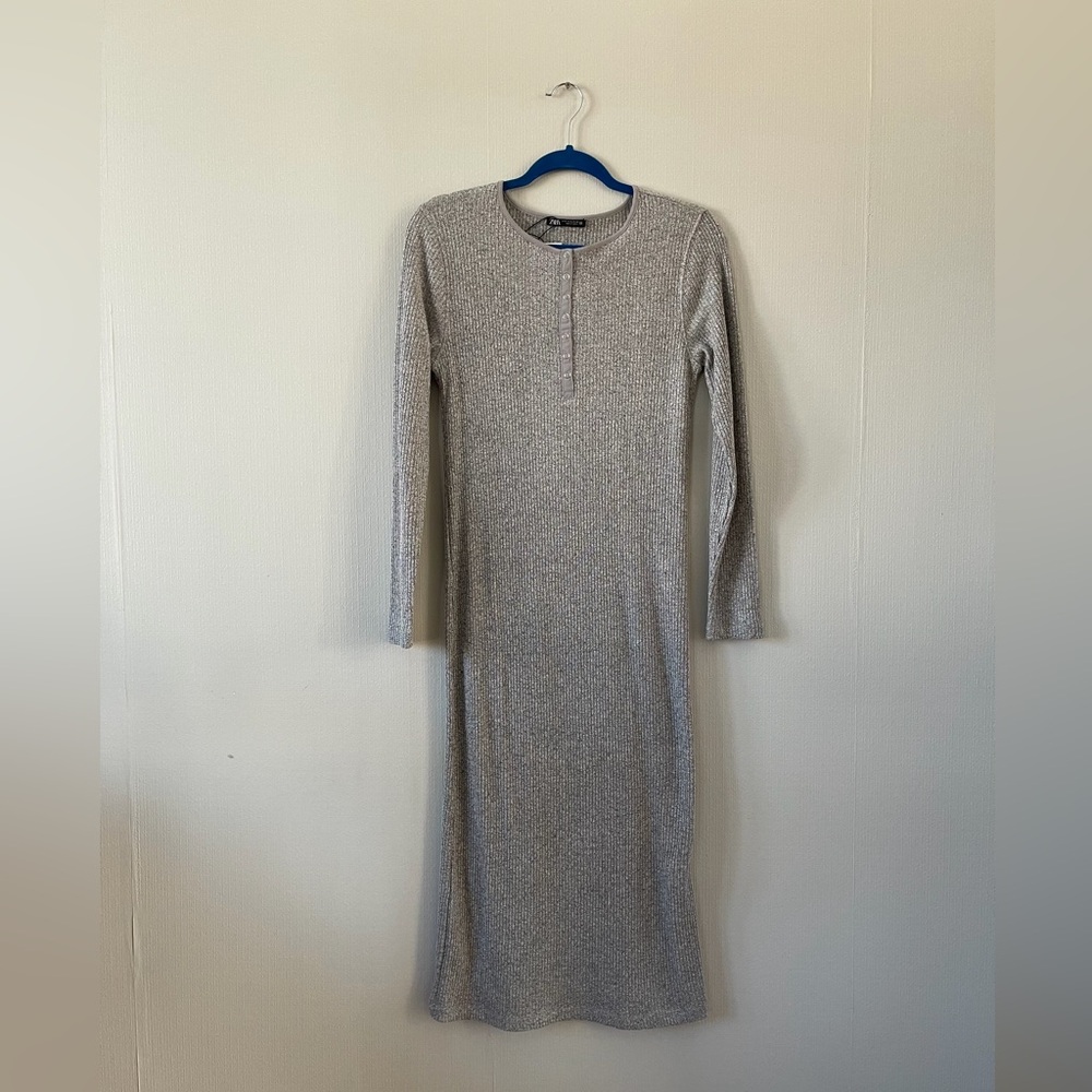 NWT Zara Grey Ribbed Jersey Knit Snap Button Long Sleeve Maxi Dress Size XL